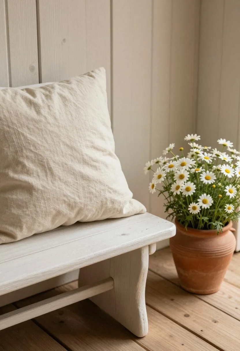 Warm cream linen cushion on a painted bench beside a clay pot of chamomile on a morning cottage porch