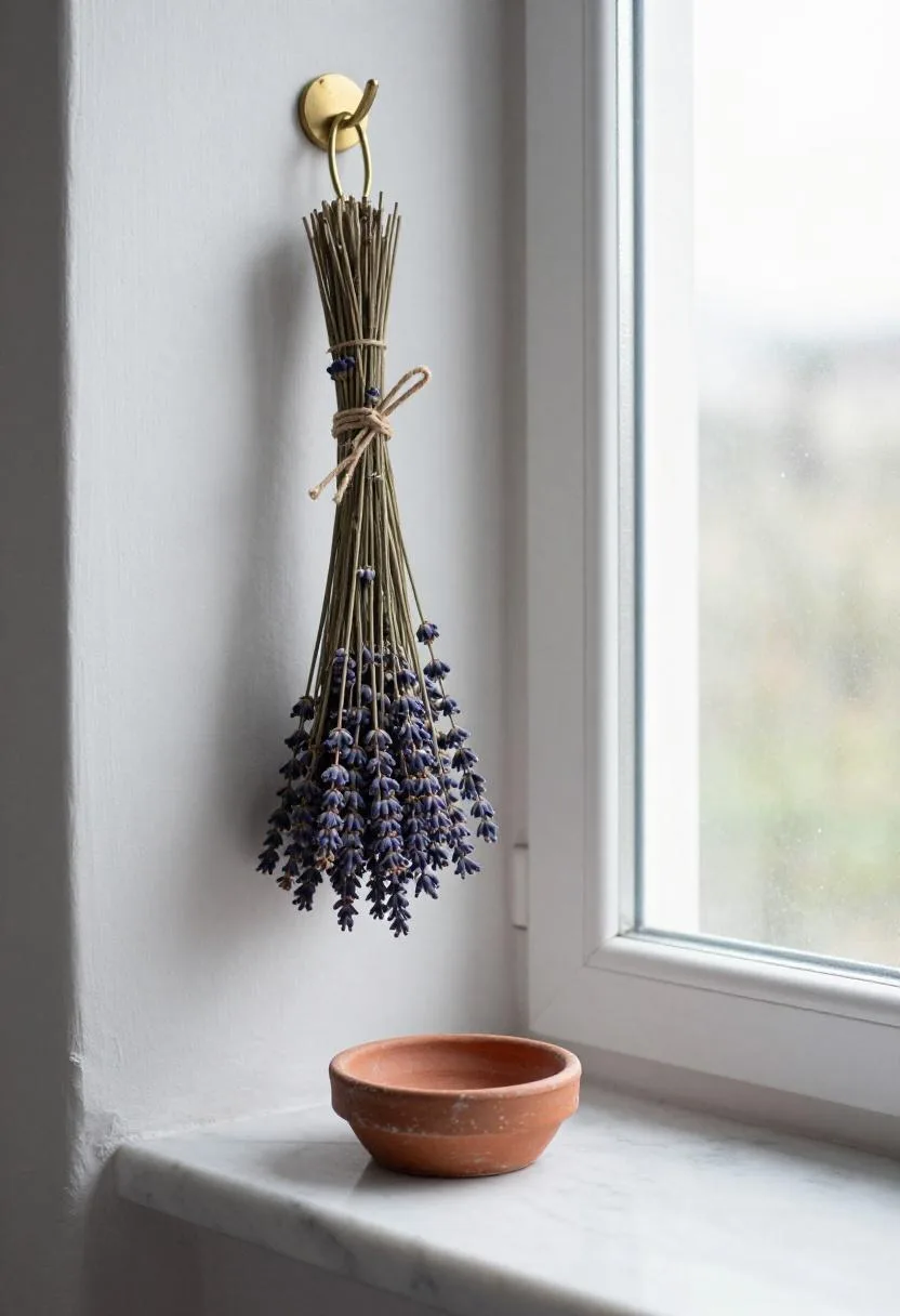 Cottagecore bathroom with a bundle of dried lavender hanging from a brass hook above a marble ledge