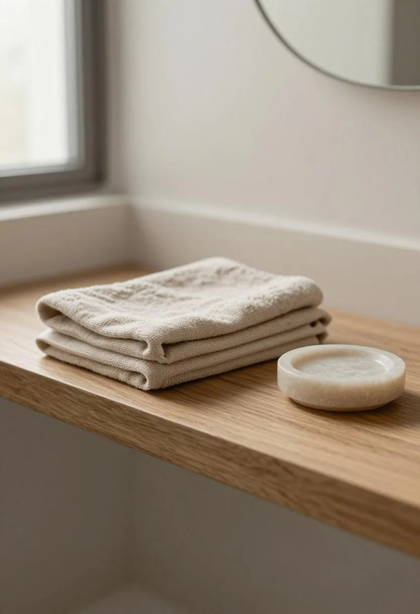 Cottagecore bathroom reclaimed oak floating shelf with folded linen towel and travertine soap dish