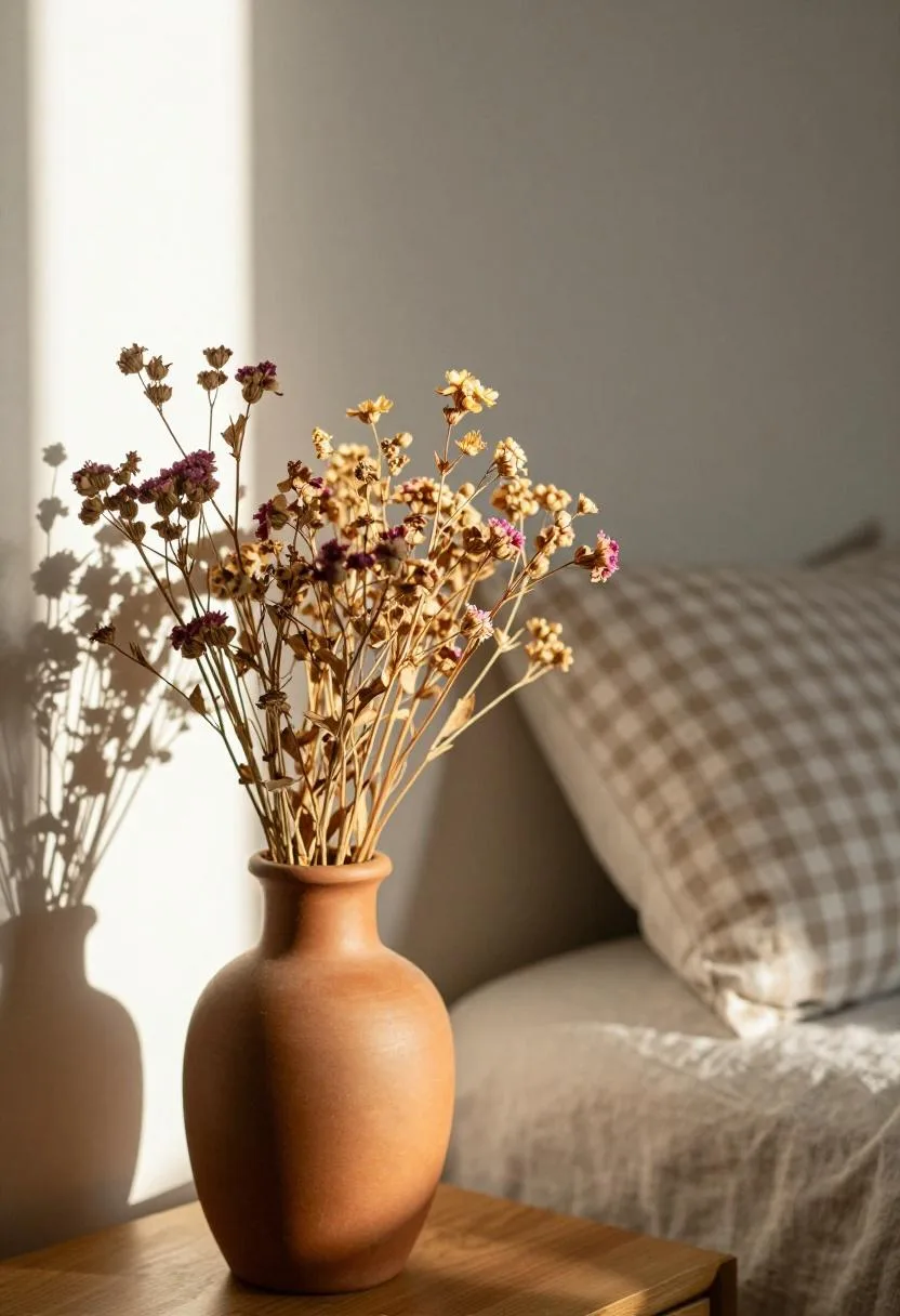 Cottagecore bedroom nightstand vignette with dried blush wildflowers in a terracotta vase on a pine nightstand