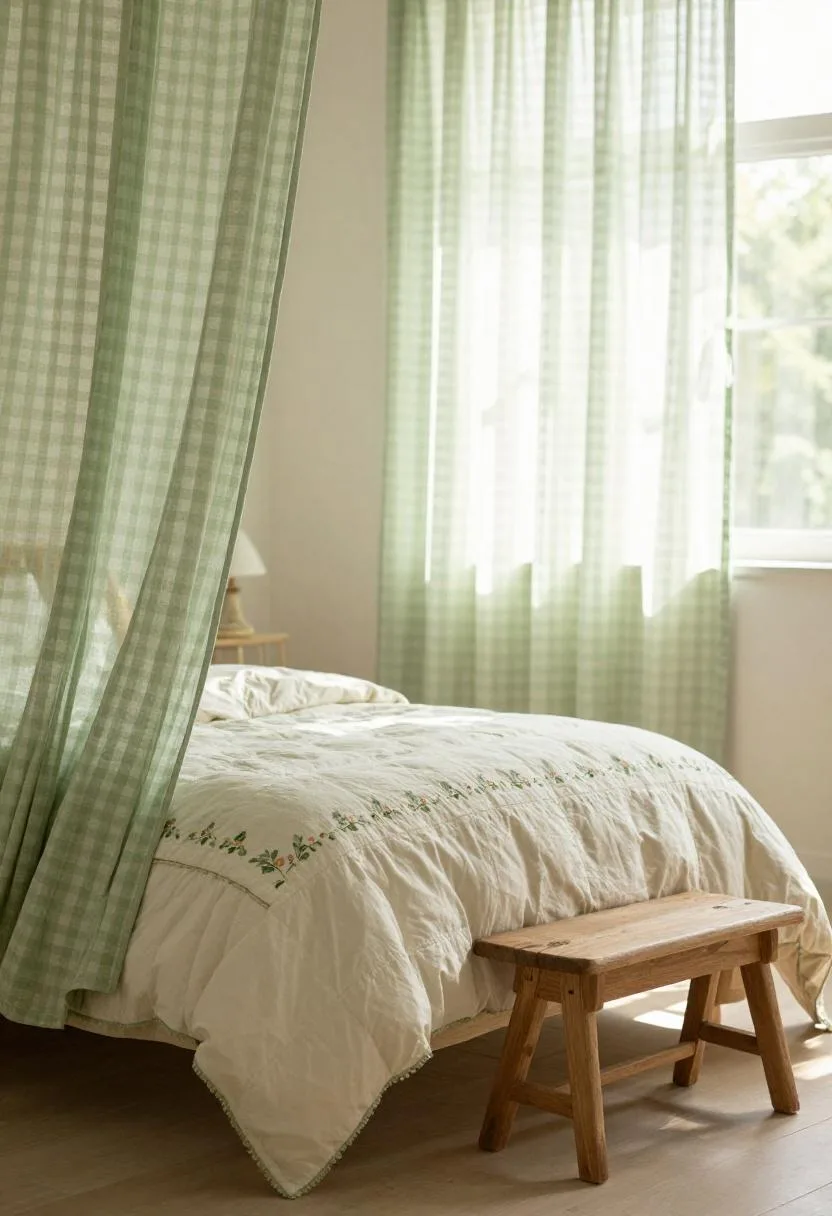 Cottagecore bedroom with gingham linen curtains and a floral-embroidered cotton duvet