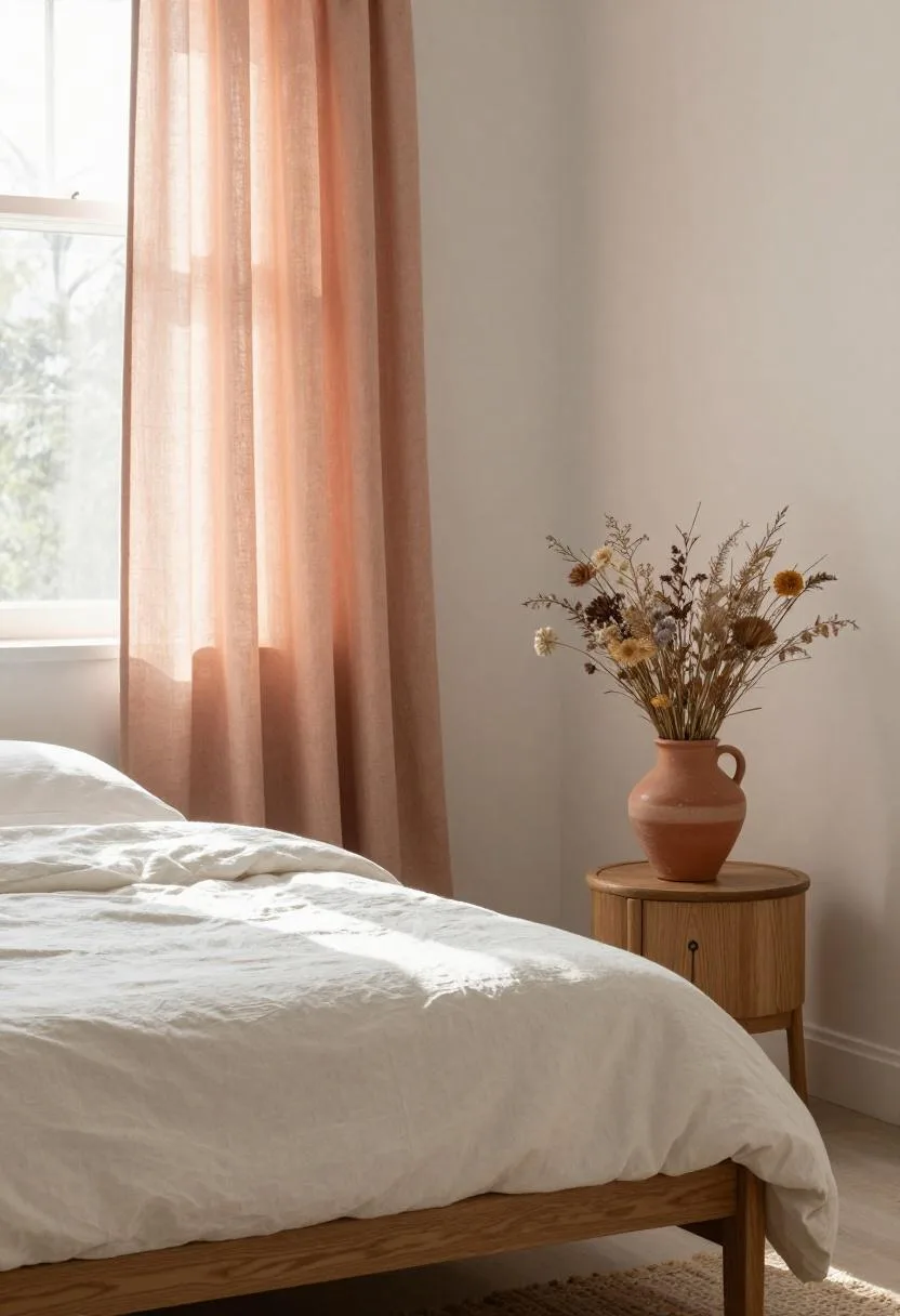 Cottagecore bedroom with peach linen curtains and terracotta vase of dried wildflowers on oak nightstand