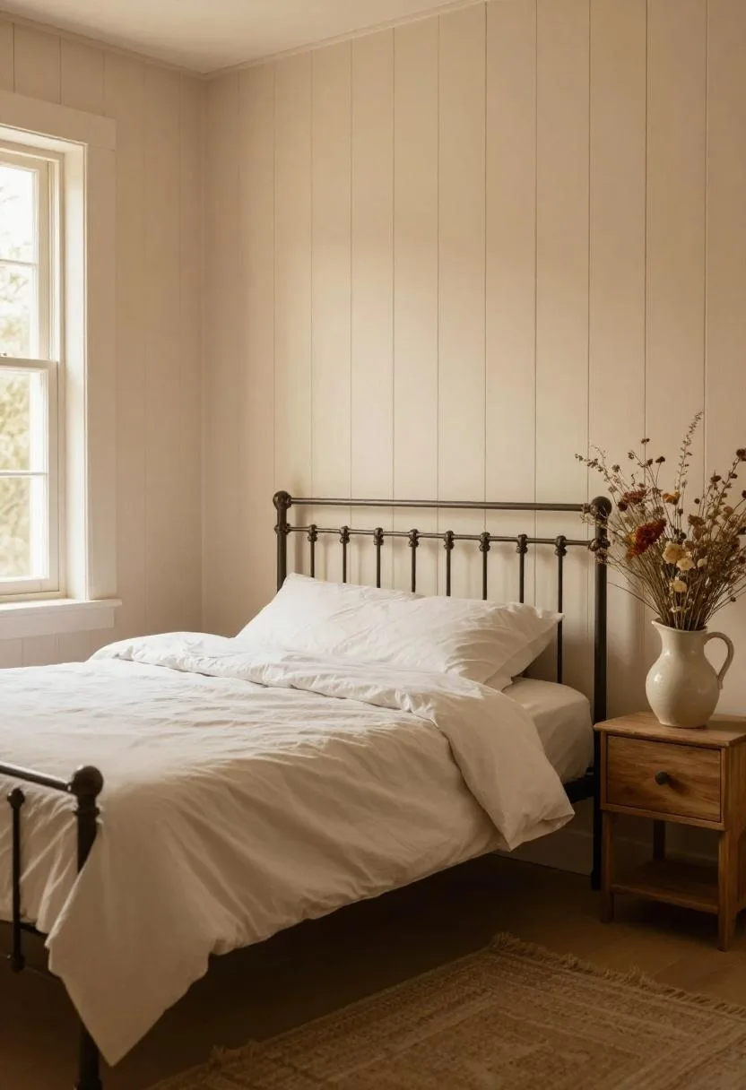 Cottagecore bedroom with painted pine shiplap accent wall in warm wheat tones and dried wildflower details