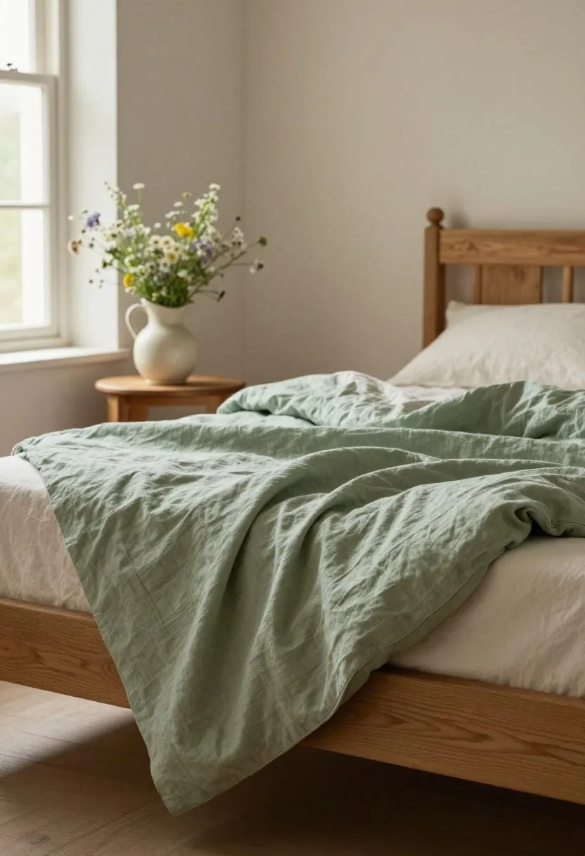 Cottagecore bedroom with sage linen duvet and fresh wildflowers in a vase on an oak nightstand