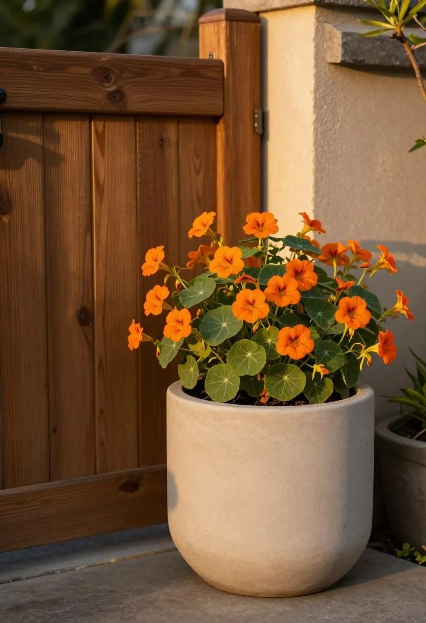 Cottagecore sandy beige unglazed cement planter with cascading orange nasturtiums beside a wooden garden gate