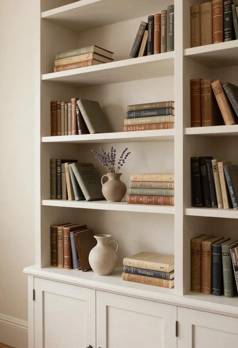 Cottagecore cream pine built-in bookshelf styled with leather books and dried lavender