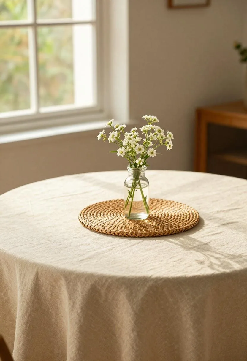 Cottagecore dining table with warm cream linen tablecloth, glass jar of wildflowers, and rattan placemats