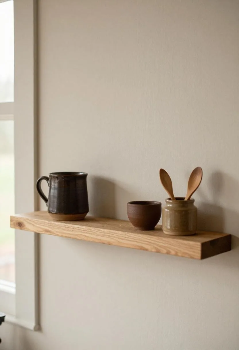 Cottagecore Douglas fir kitchen floating shelf with stoneware mug and earthenware utensil jar