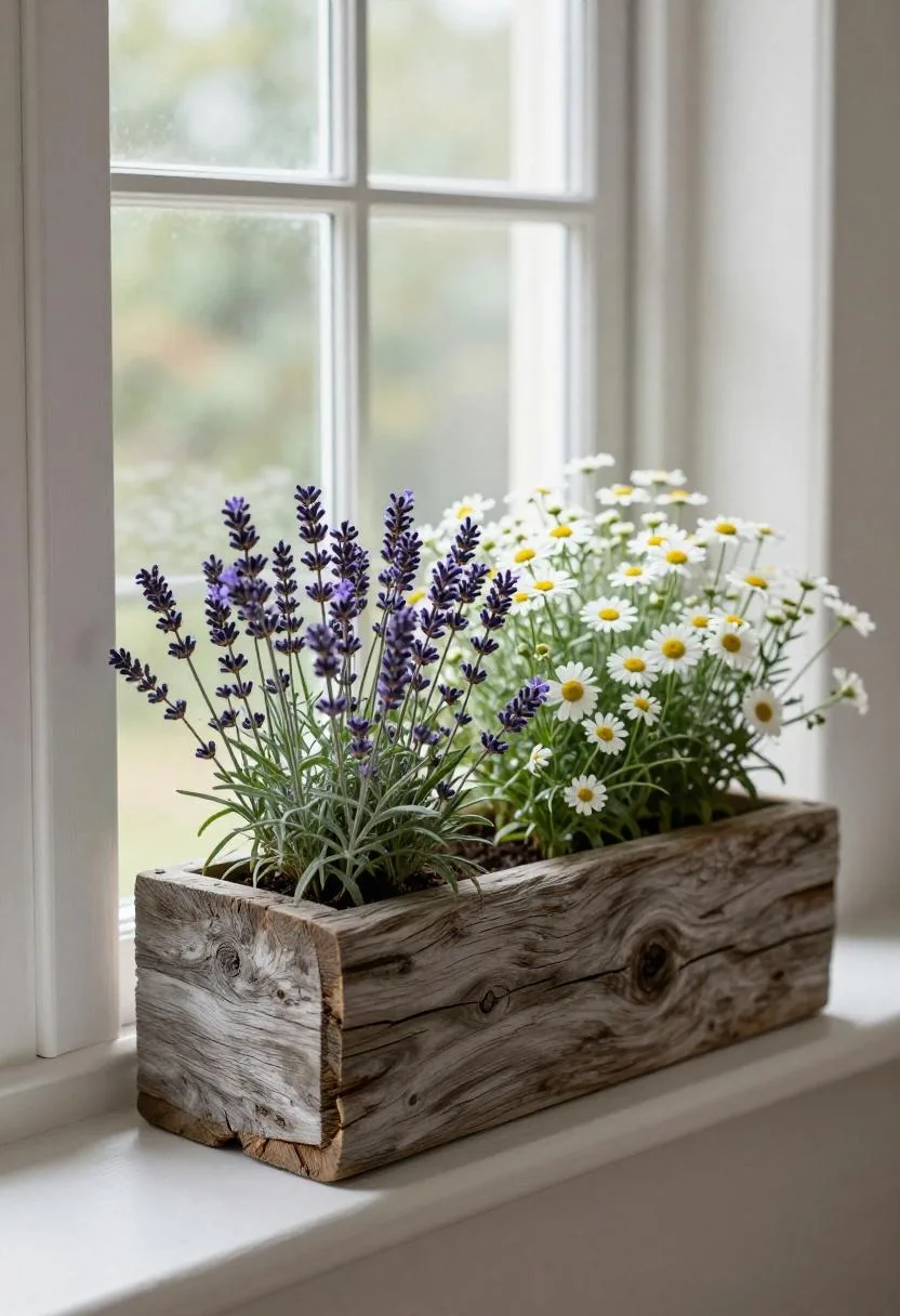 Cottagecore driftwood gray pine window box filled with lavender and chamomile on a cottage windowsill