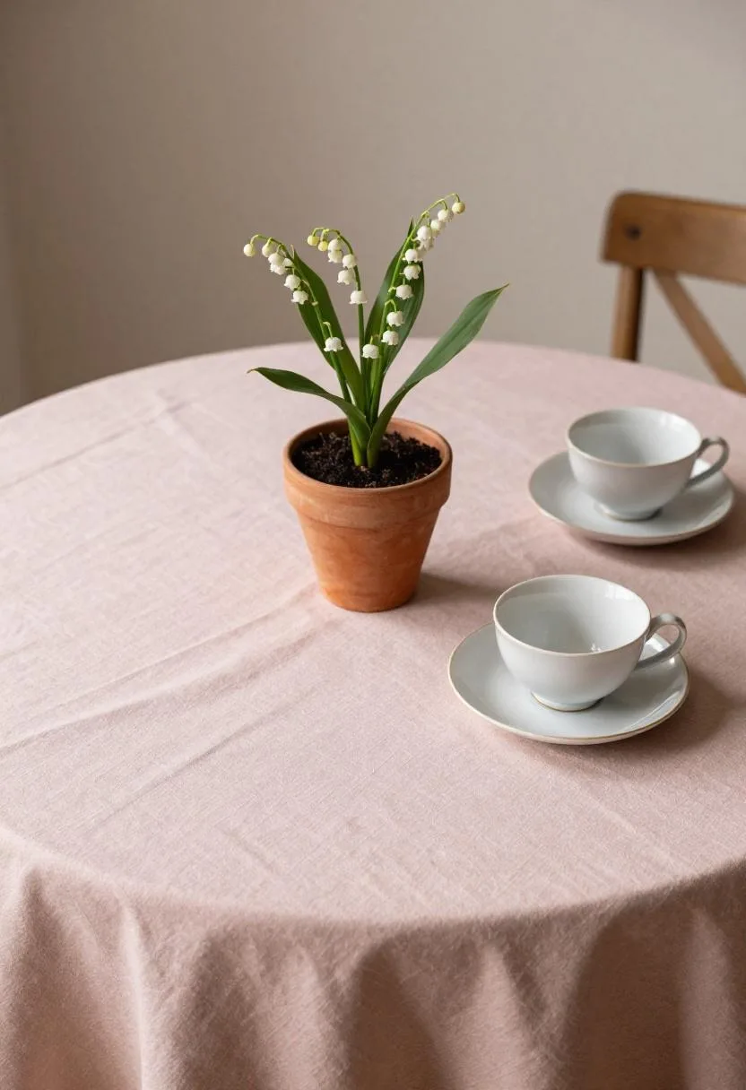 Cottagecore Easter overhead with lily-of-the-valley arranged in small terracotta pots and vintage bone china teacups as place settings