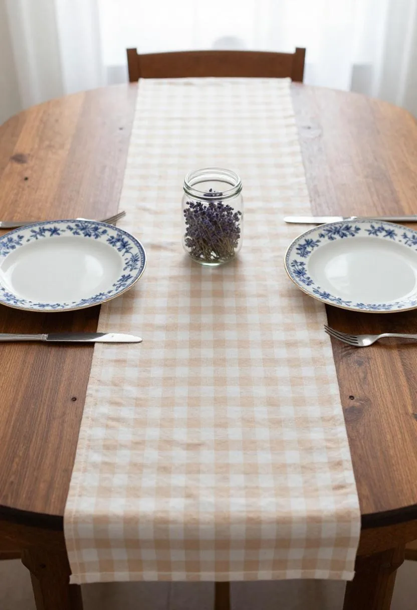 Cottagecore Easter overhead view with peach gingham table runner, vintage china plates, and a small lavender jar