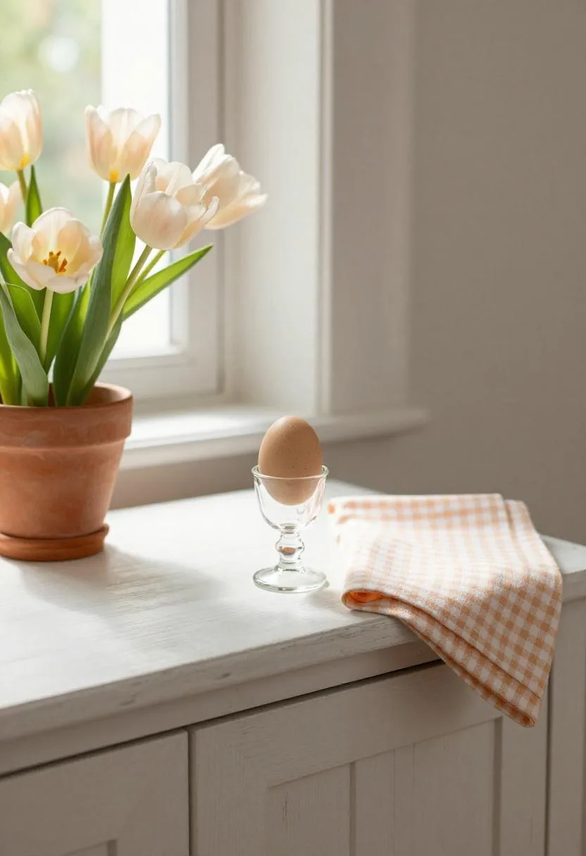 Cottagecore Easter sideboard vignette with apricot tulips in a simple vase, a vintage egg cup, and gingham linen