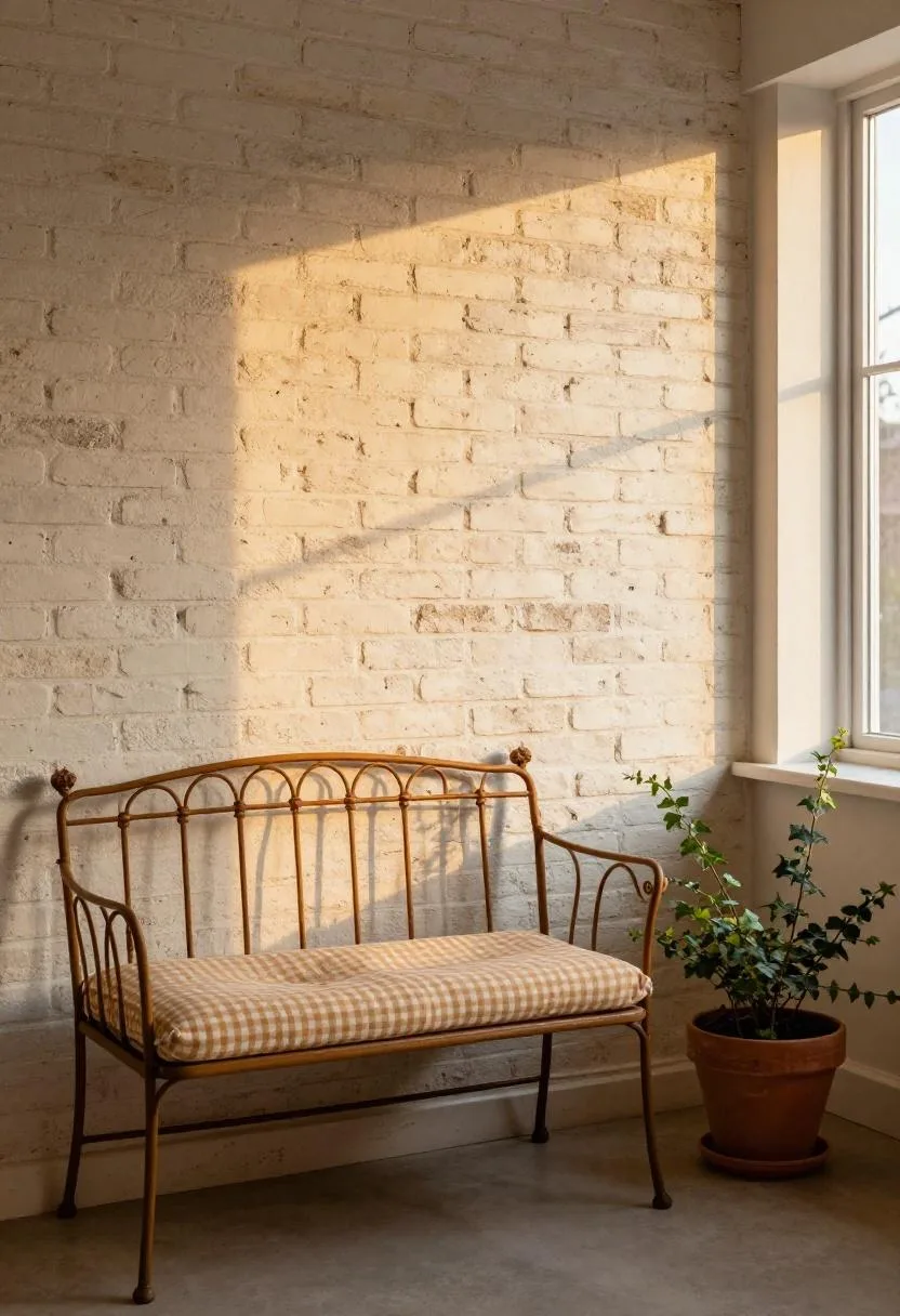 Thrifted iron bench in warm caramel with a gingham cushion and trailing ivy planter in a Cottagecore sunroom