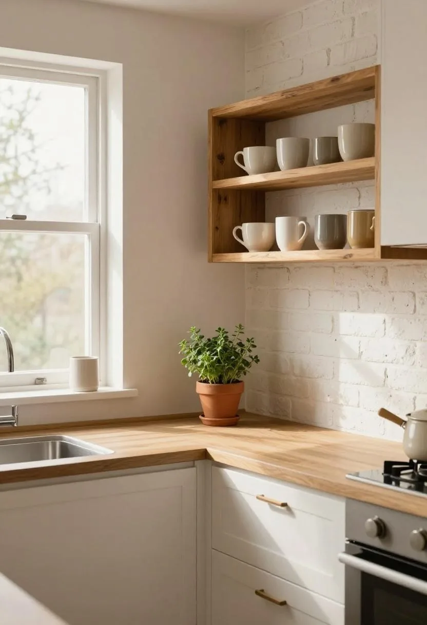 Cottagecore kitchen with DIY faux brick accent wall in warm wheat tones and a reclaimed oak open shelf