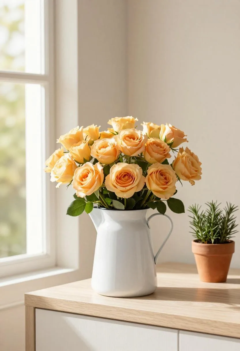 Cottagecore kitchen open shelf with peach roses in a white enamel jug beside a terracotta pot of growing rosemary