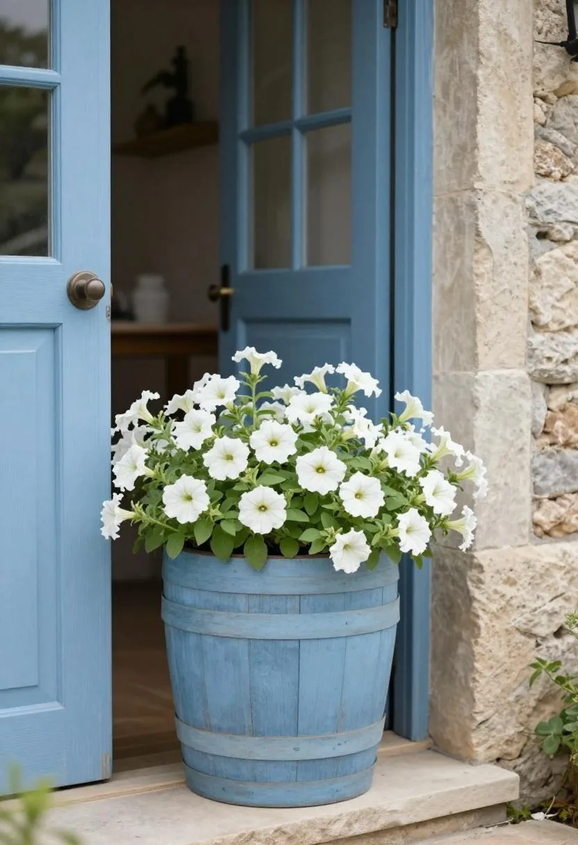 Interior design - cottagecore oak barrel planter blue petunias stone doorway