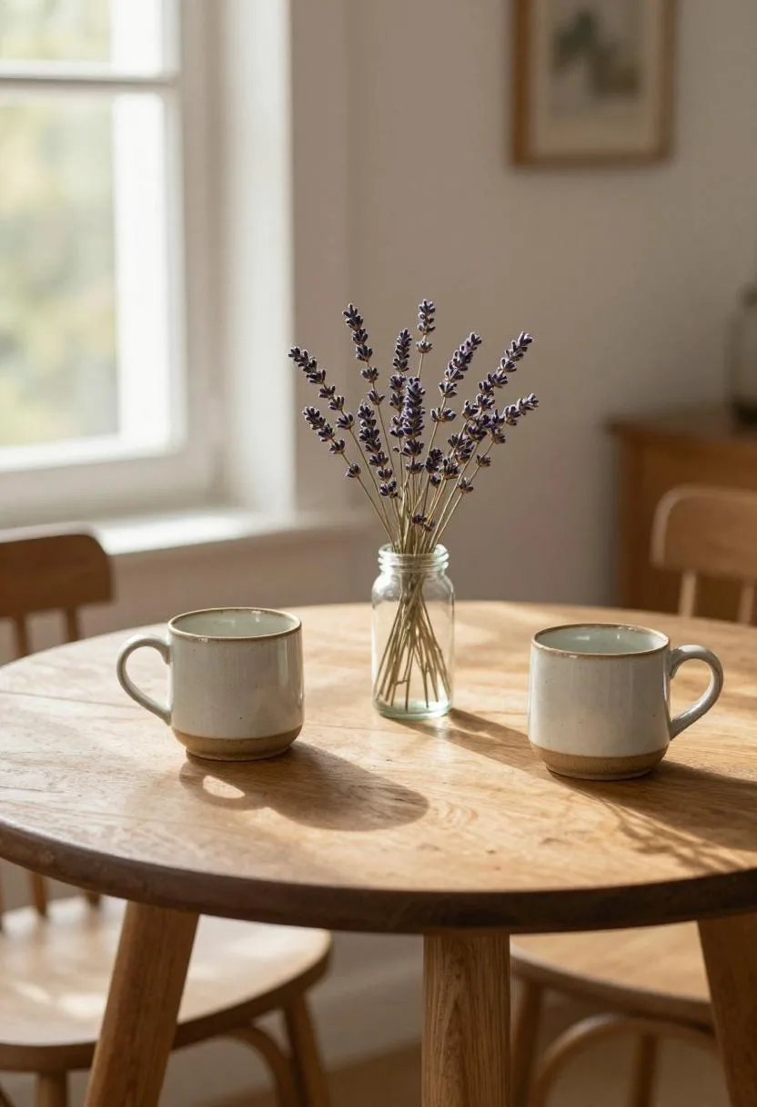Thrifted oak table in khaki stain styled with ceramic mugs and a jar of dried lavender in a Cottagecore kitchen nook