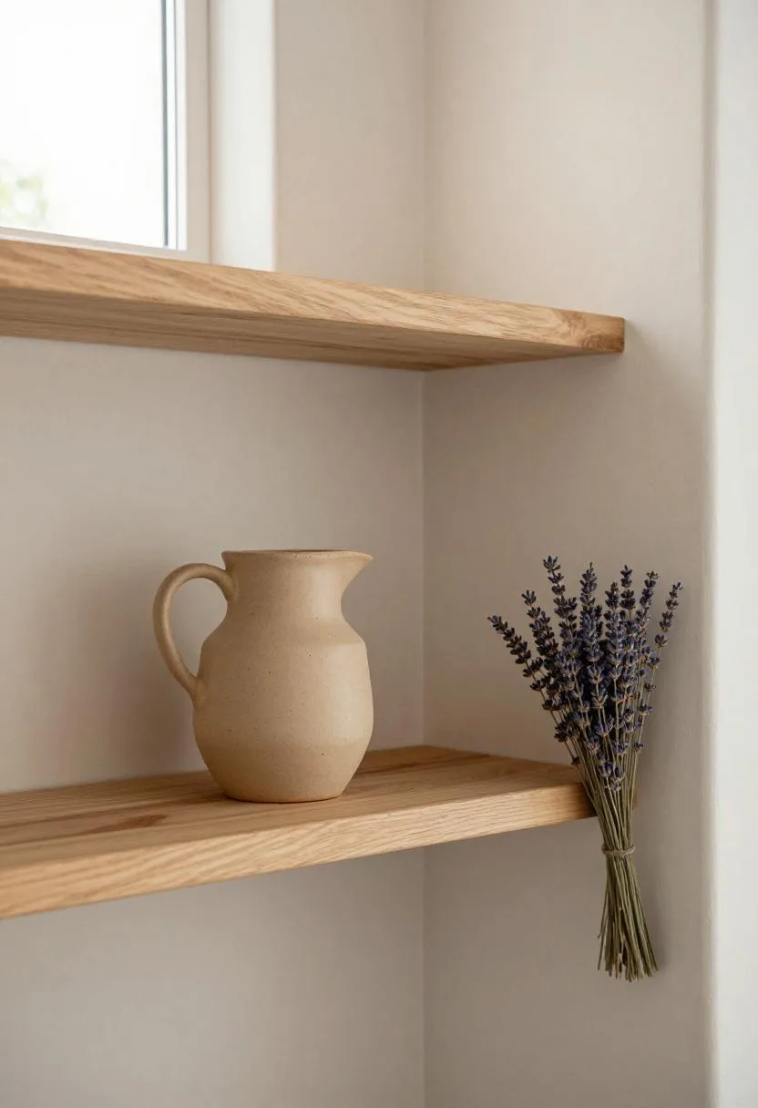 Cottagecore pine kitchen floating shelf styled with stoneware pitcher and dried lavender bundles