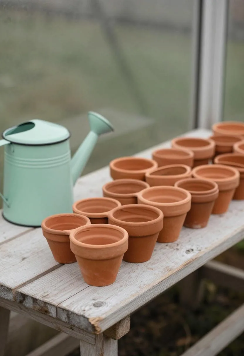 Cottagecore pine potting bench with mint enamel watering can and terracotta seed trays