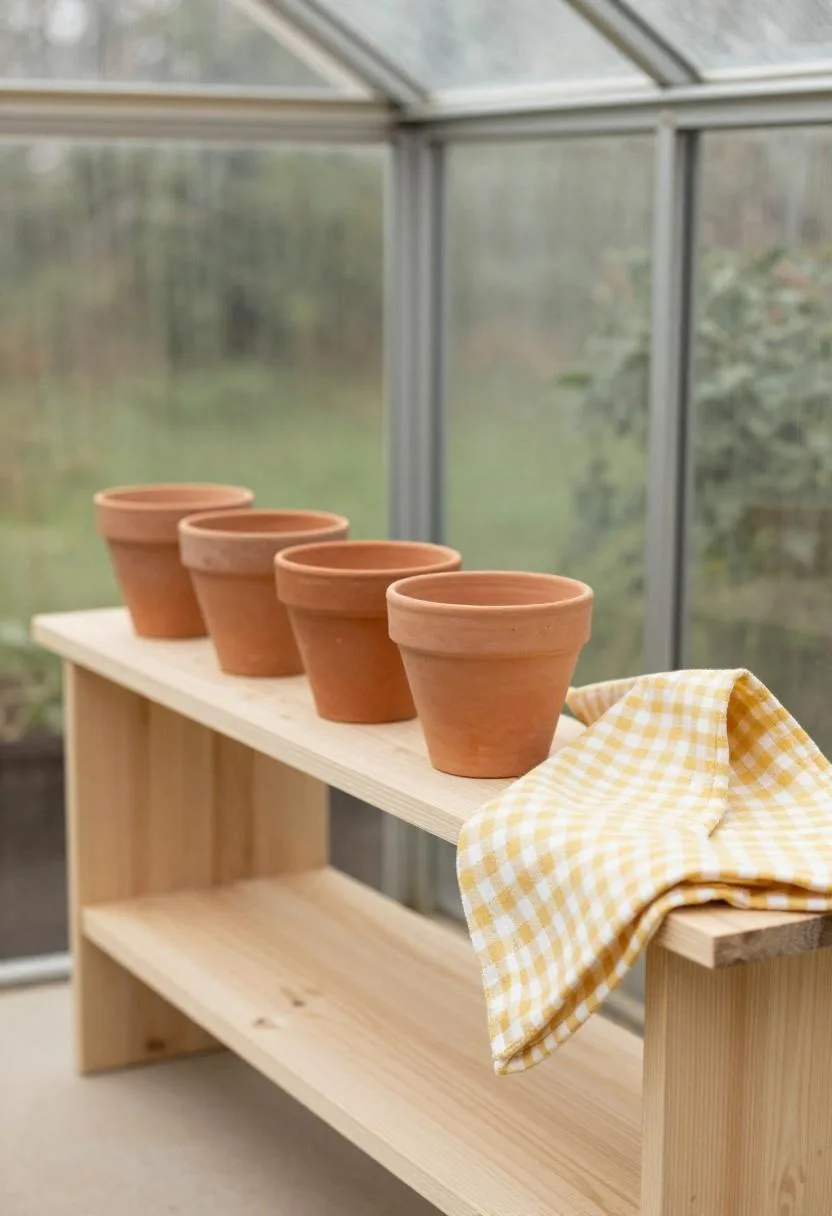 Cottagecore pine potting station with golden gingham linen and terracotta pots in soft greenhouse light