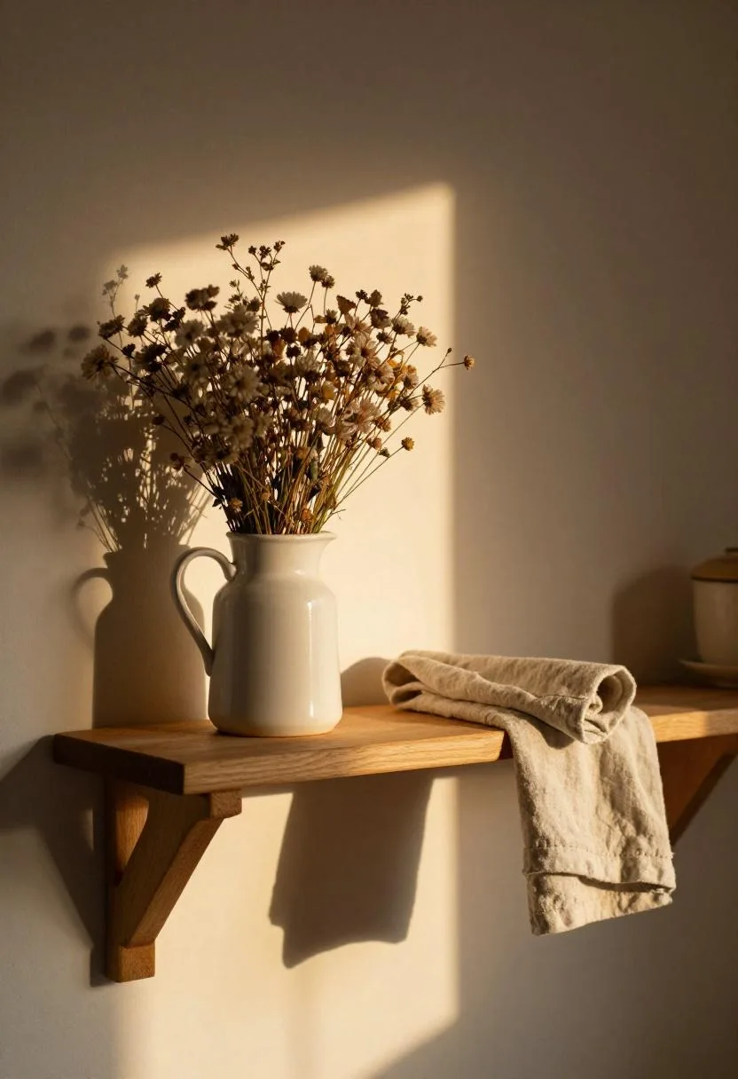 Thrifted pine shelf painted caramel holding dried wildflowers in a ceramic jug in a Cottagecore kitchen