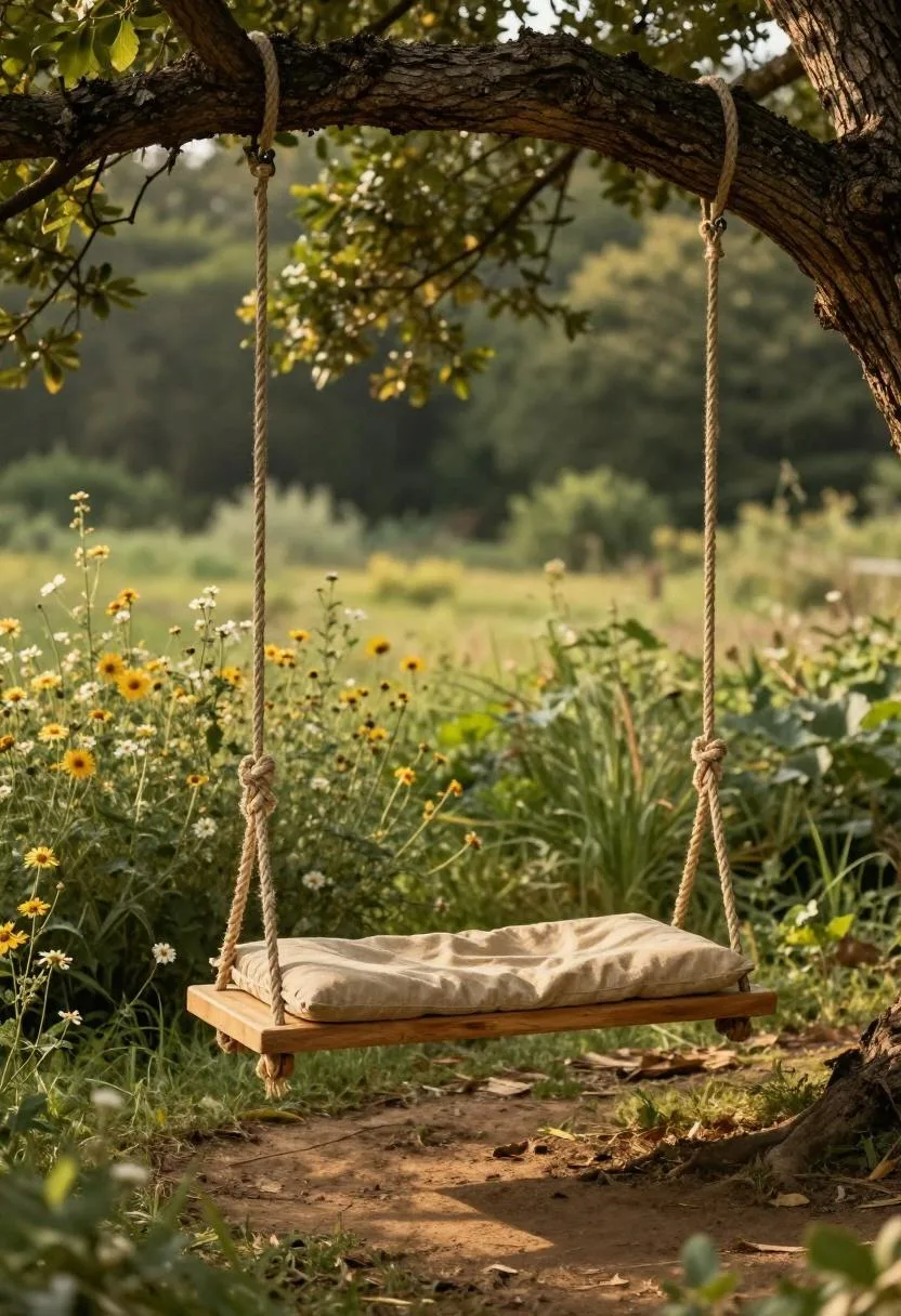 Cottagecore pine plank swing with a tan linen cushion beside a wildflower bed