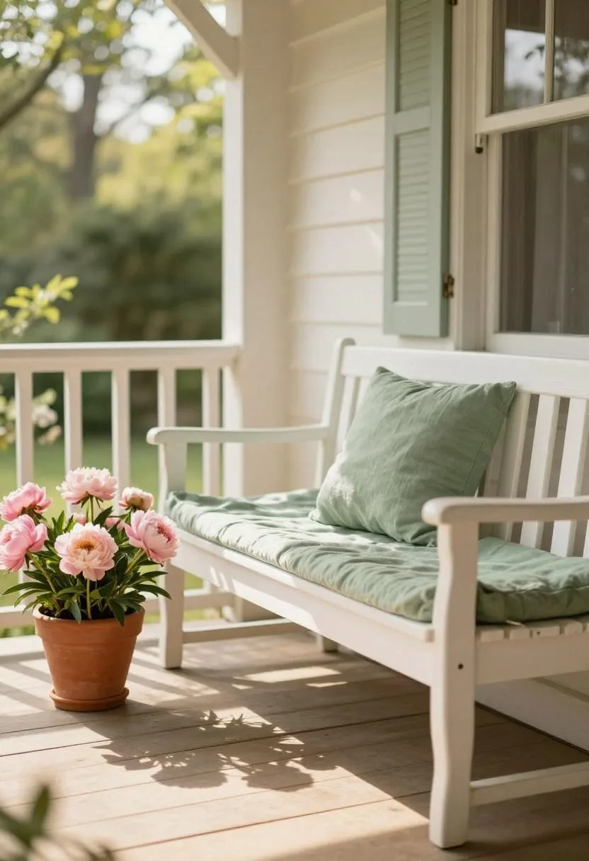 Interior design - cottagecore porch sage cushion pink peonies terracotta