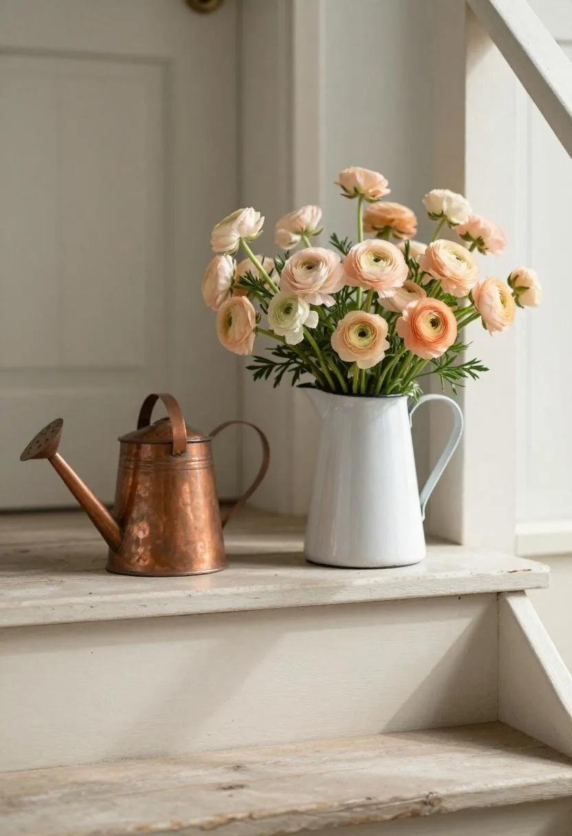Cottagecore porch step with blush ranunculus in an enamel pitcher and weathered copper watering can