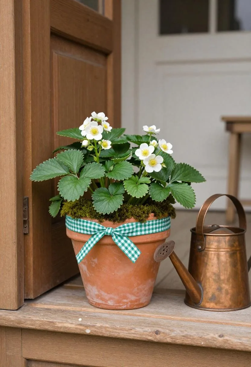 Cottagecore porch close-up with wild strawberry flowers, gingham ribbon, and a copper watering can