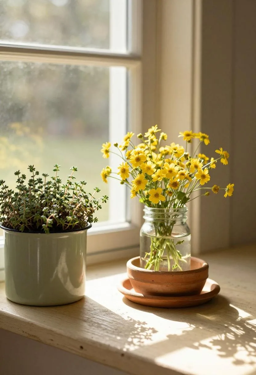 Cottagecore porch windowsill with trailing thyme, wildflowers, and terracotta saucer details