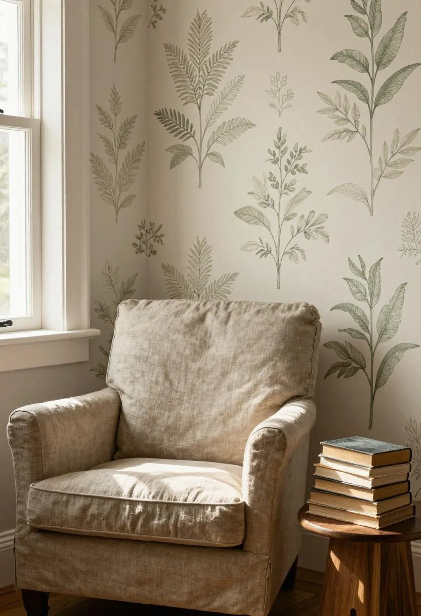 Cottagecore reading nook with peel-and-stick botanical wallpaper accent wall and a linen armchair
