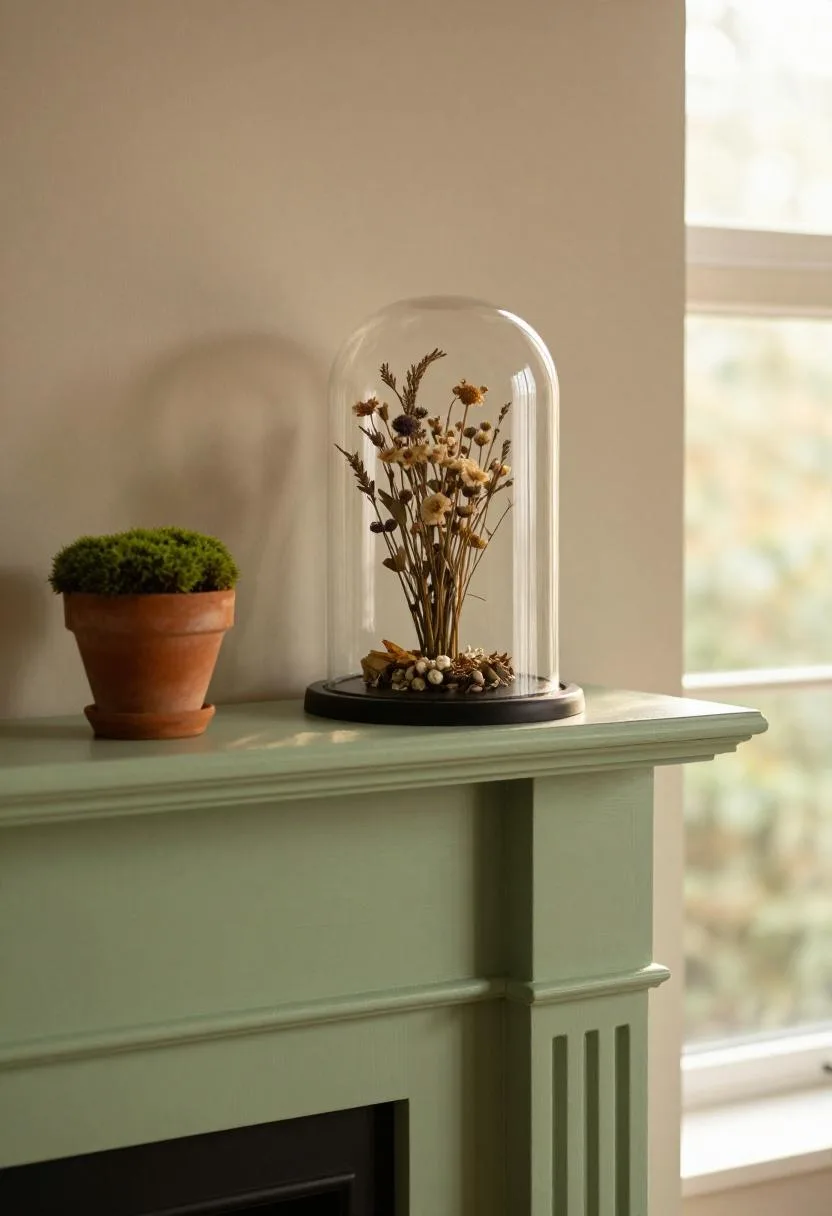 Cottagecore spring mantel with glass cloche over pressed dried wildflowers and terracotta pot filled with moss