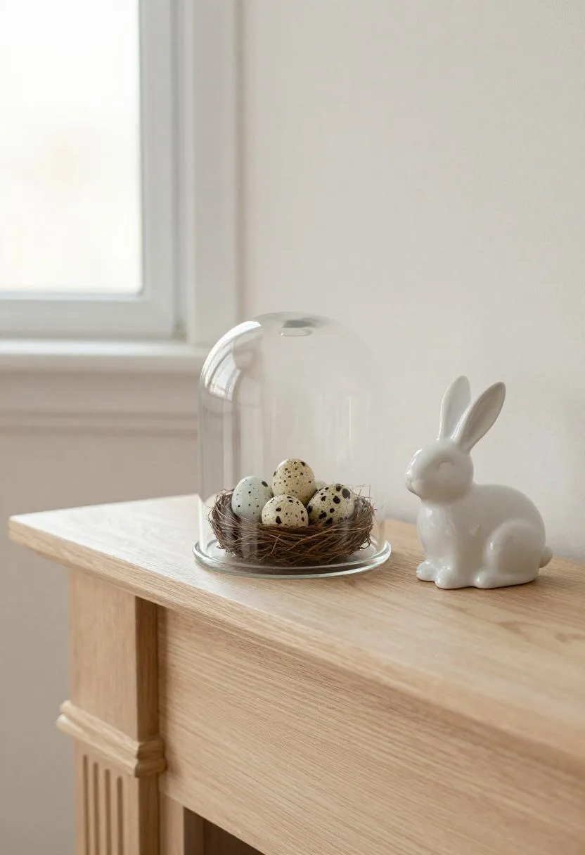 Cottagecore spring mantel with glass cloche display covering a speckled nest beside a white porcelain rabbit figurine