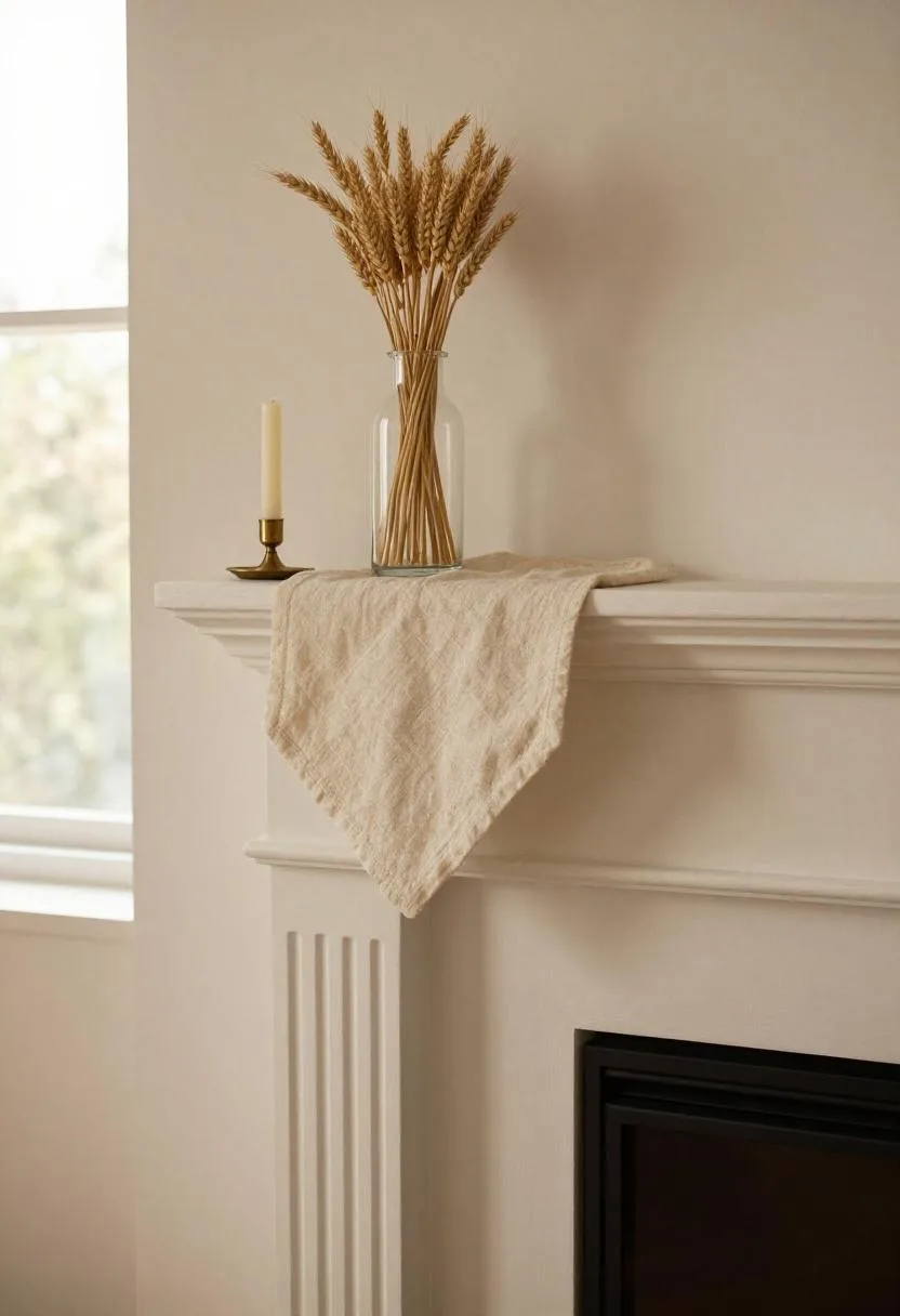 Cottagecore spring mantel styled with cream linen runner, dried wheat bundle, and beeswax taper candle
