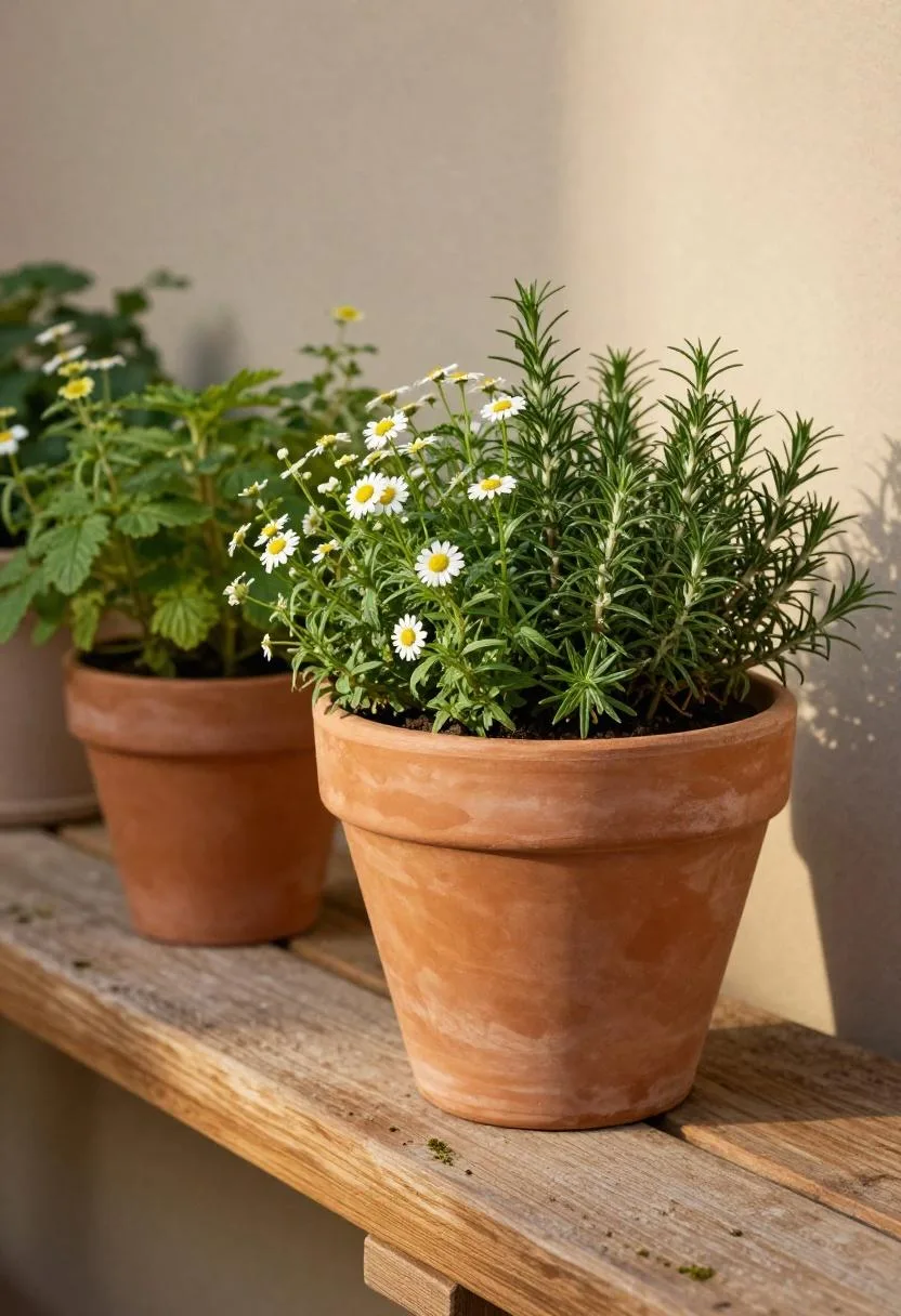 Cottagecore terracotta strawberry planter with rosemary and chamomile spilling over a mossy sandstone ledge