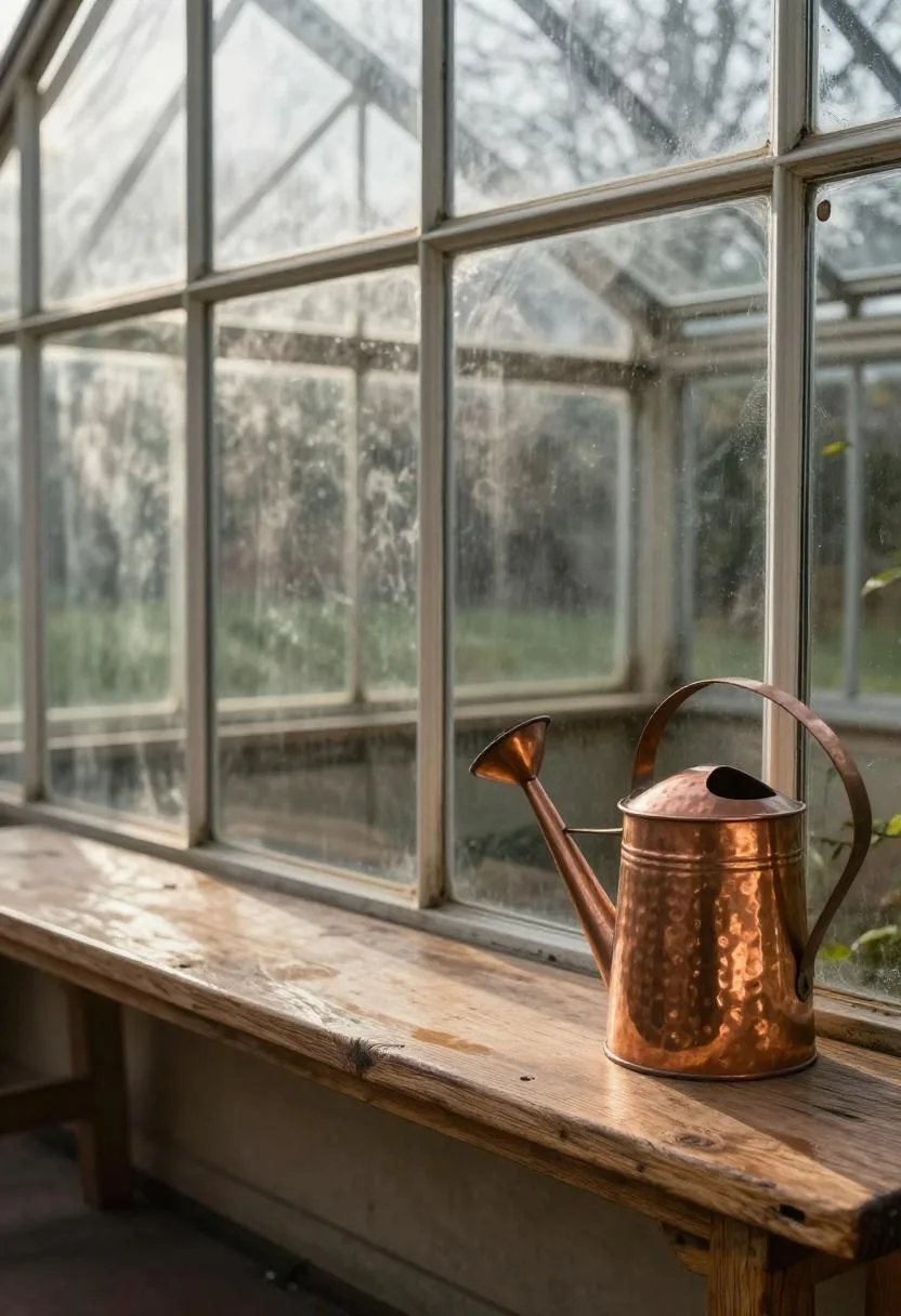 Cottagecore Victorian glass greenhouse with an oak potting bench and copper watering can in morning light