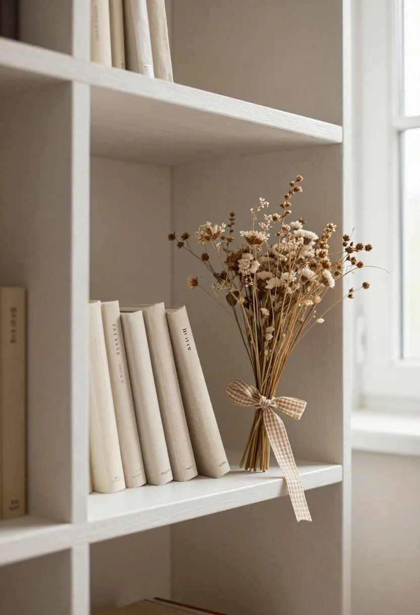 Cottagecore whitewashed built-in nook bookshelf with linen books and dried wildflowers
