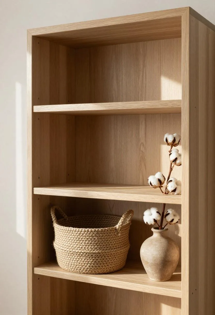 Cottagecore whitewashed oak built-in shelf with sisal basket and dried cotton stems