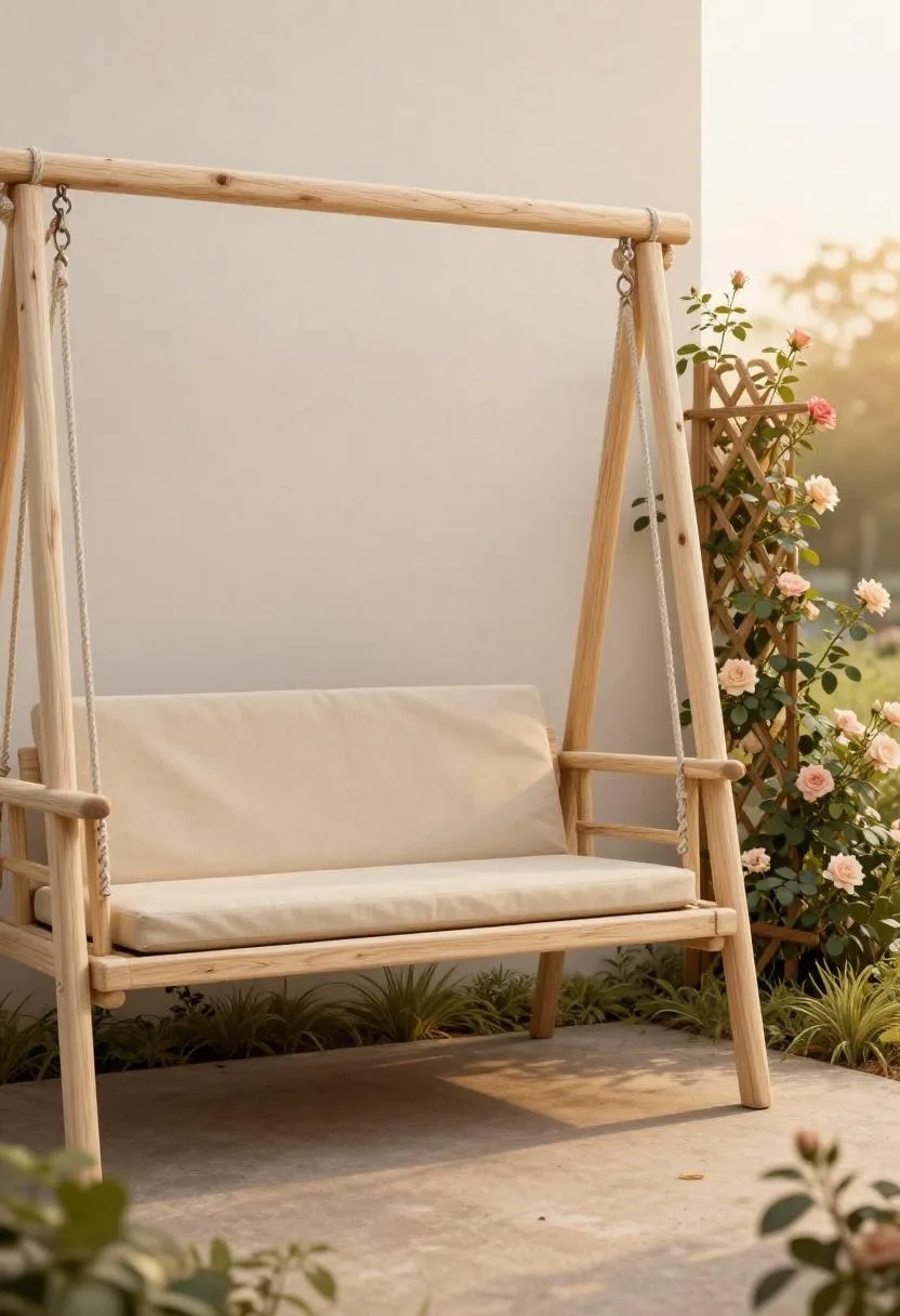 Cottagecore whitewashed pine swing with beige cushion beside a rose-covered trellis