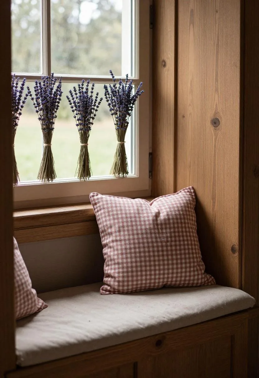 Cottagecore window seat with a gingham pillow and bundles of dried lavender in a spring bedroom