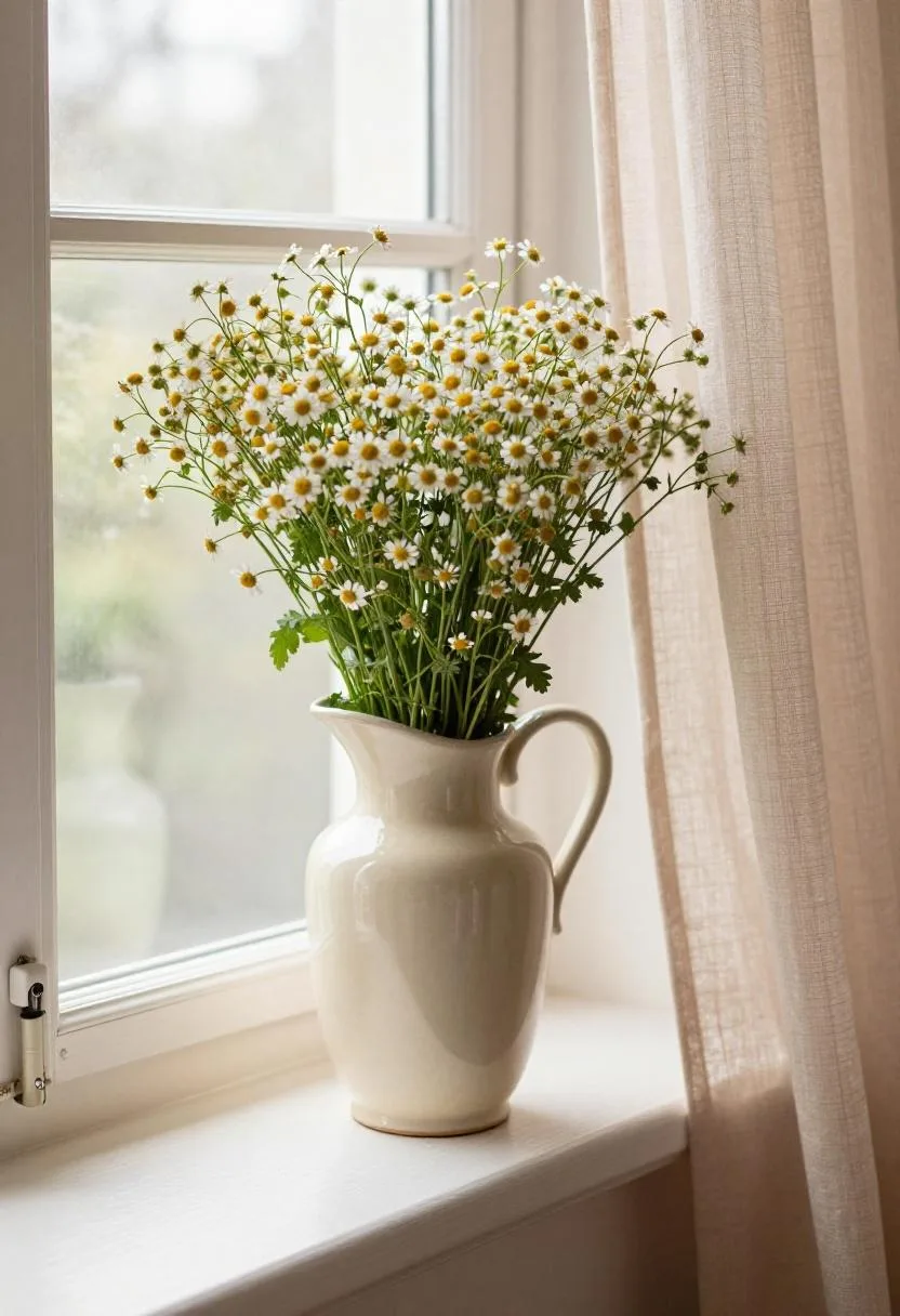 Cottagecore windowsill with wild chamomile flowers in a cream ceramic pitcher placed on a wide oak window sill
