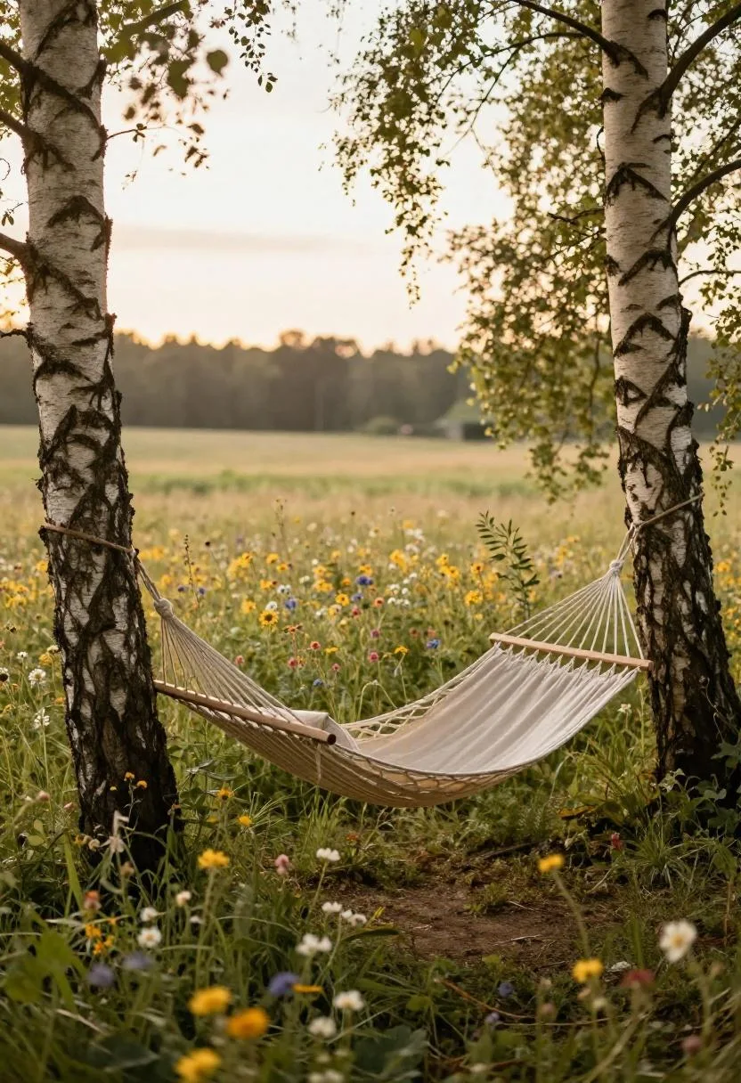Cotton rope hammock strung between birch trees with a linen pillow above a wildflower meadow at golden hour