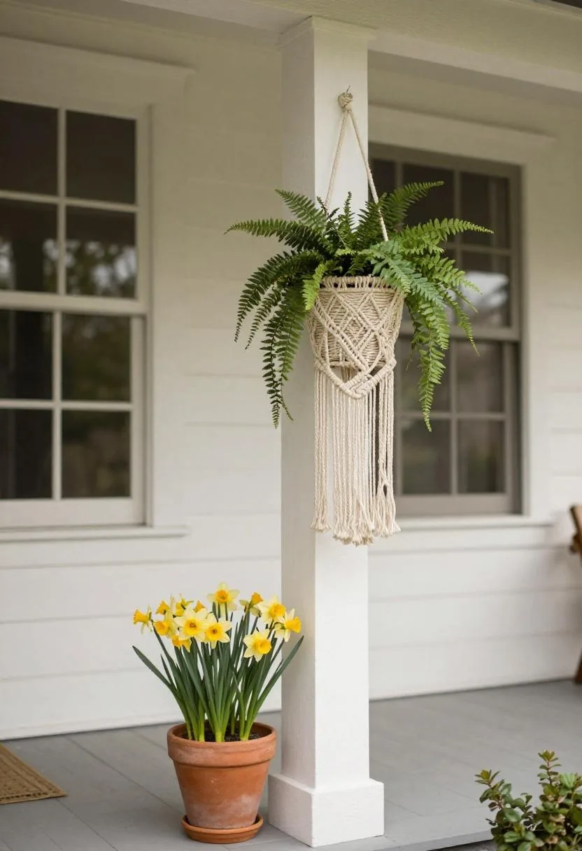 Craftsman porch with a macramé fern planter hanging and a daffodil pot flanking the clear front entry