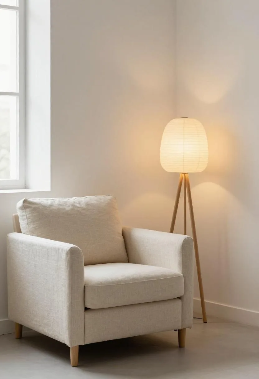 Cream linen armchair beside an ash wood floor lamp with a rice paper shade in a Japandi living room
