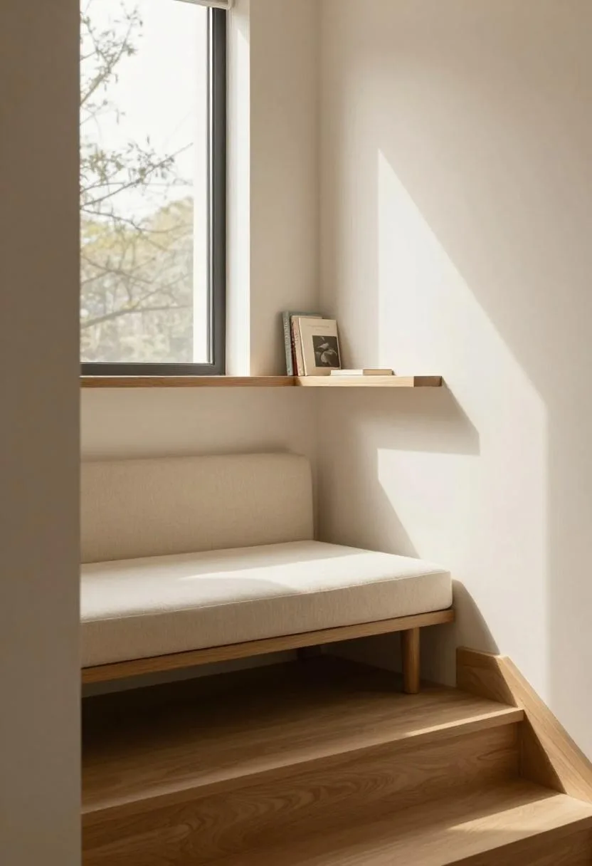 Cream bench tucked into an under-stair reading nook with pine shelf above