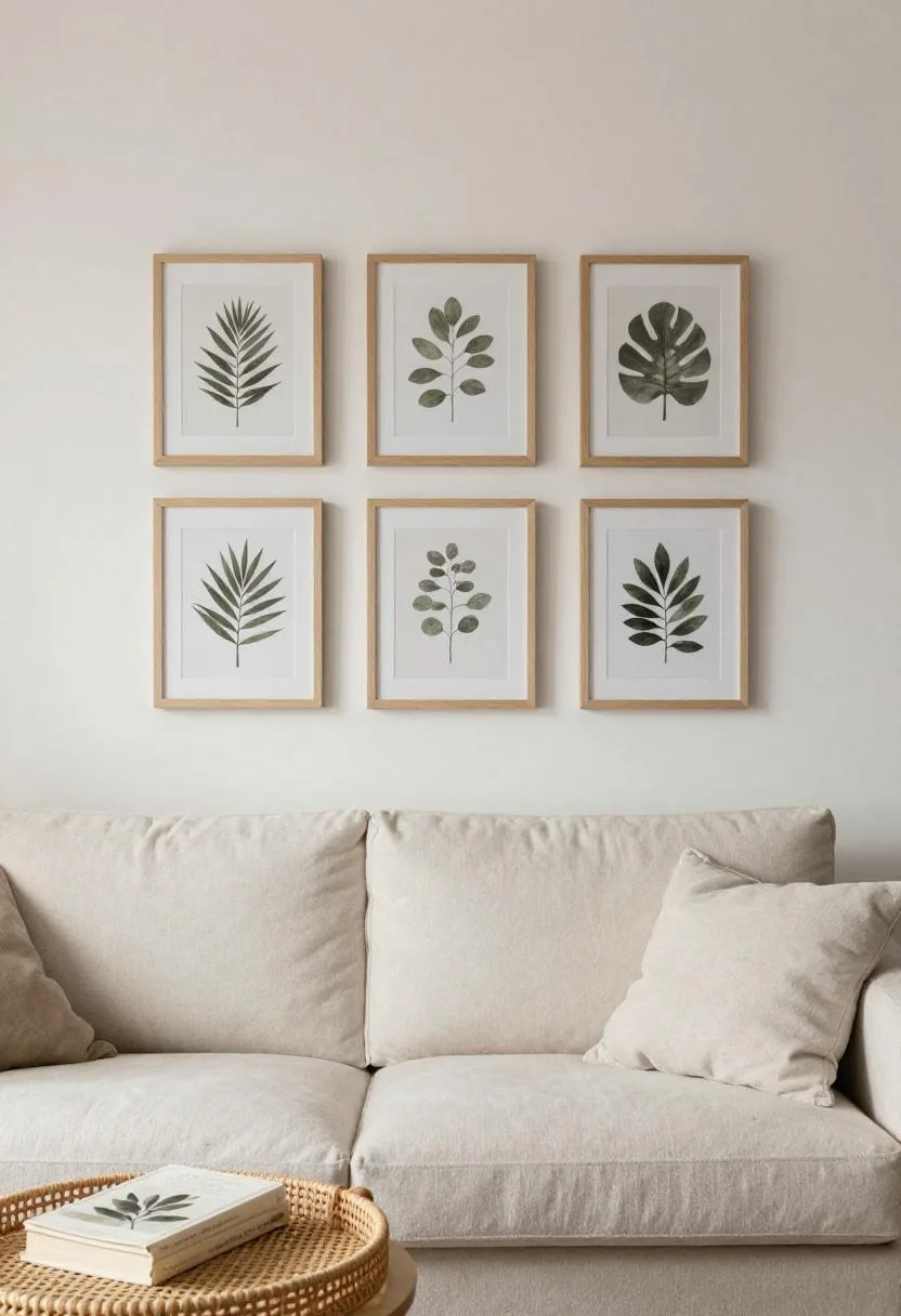 Cream botanical gallery wall in birch frames above a wool sofa
