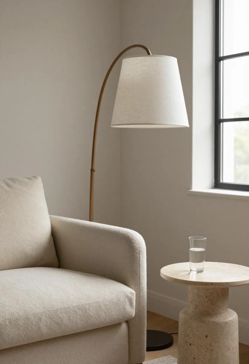 Cream bouclé armchair with travertine side table under soft overcast light