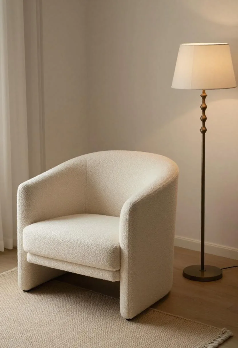 Cream bouclé armchair with a tall wrought iron floor lamp on a handwoven cotton rug in a softly lit bohemian room