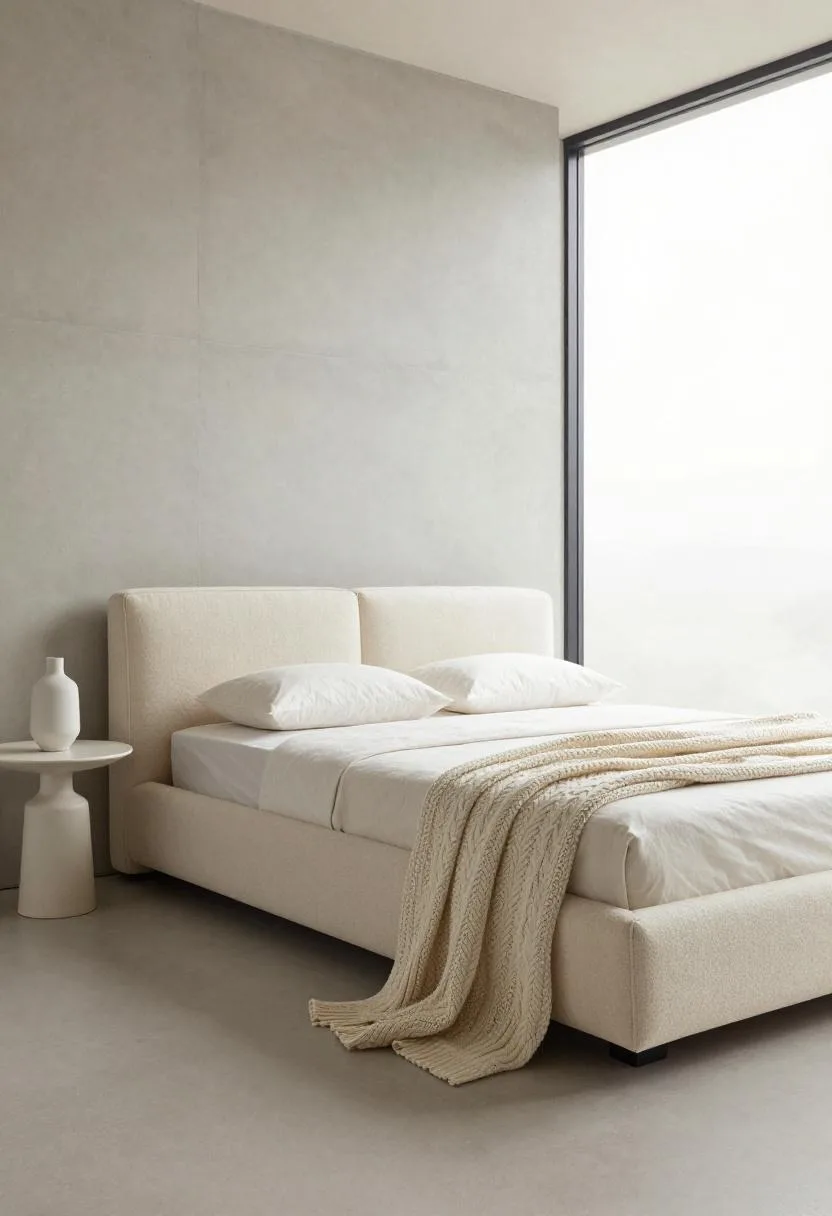 Cream boucle upholstered bed with ivory throw and simple ceramic table lamp in soft overcast light