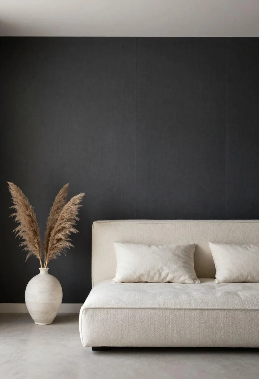 Cream bouclé headboard with off-white pillows and a dried pampas stem against charcoal linen